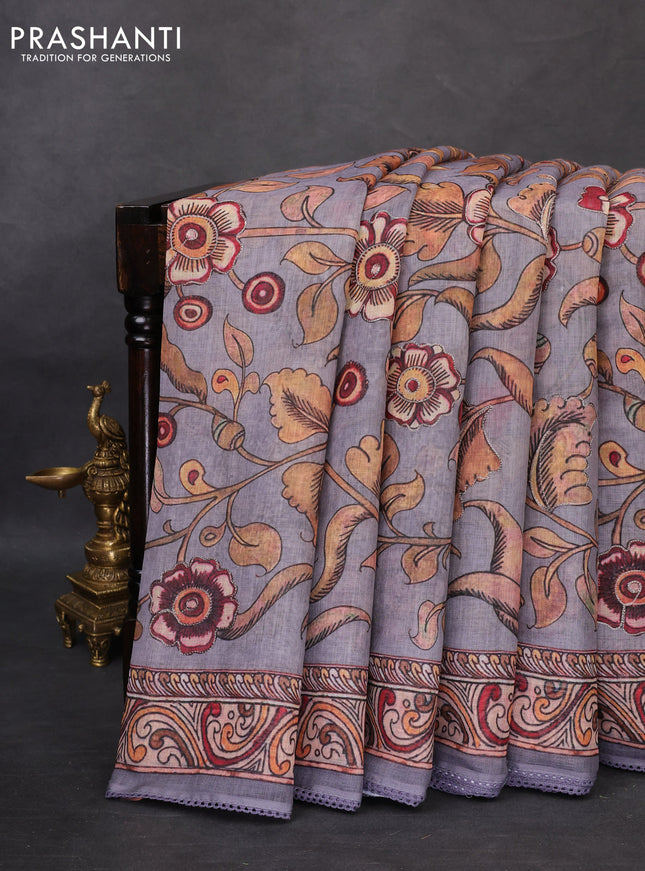 Linen cotton saree grey with allover kalamkari prints & pita work and lace work border