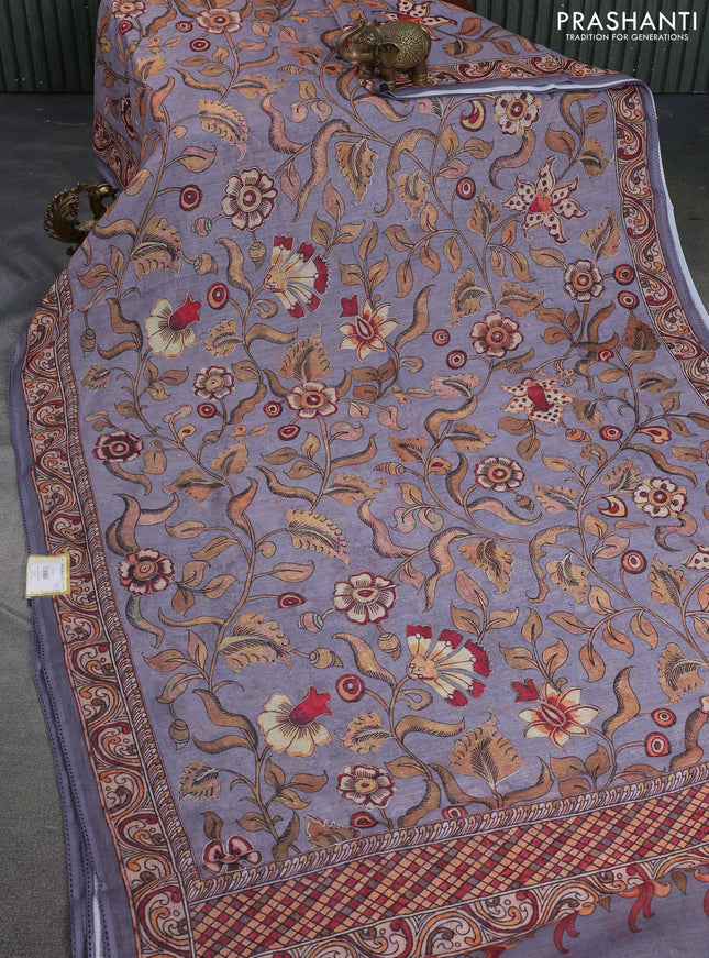 Linen cotton saree grey with allover kalamkari prints & pita work and lace work border