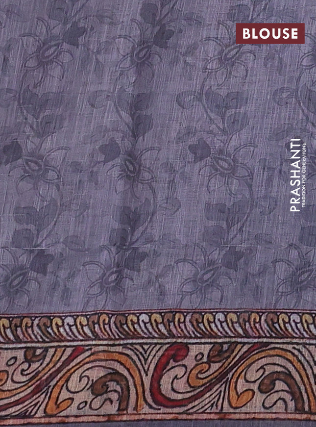 Linen cotton saree grey with allover kalamkari prints & pita work and lace work border