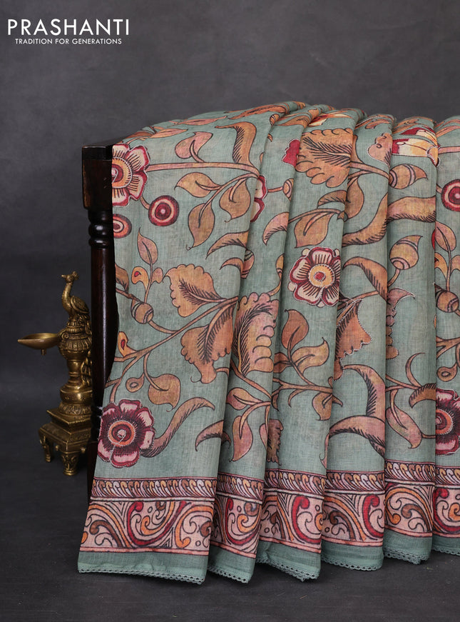 Linen cotton saree pastel green shade with allover kalamkari prints & pita work and lace work border