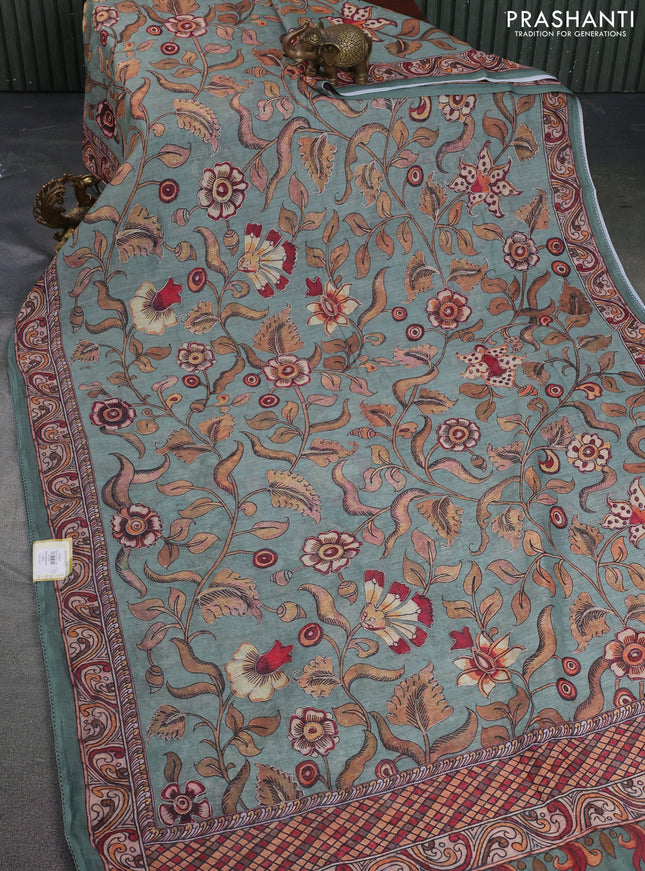 Linen cotton saree pastel green shade with allover kalamkari prints & pita work and lace work border