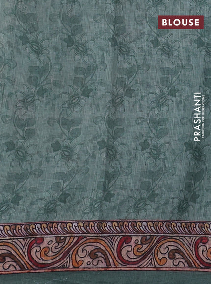 Linen cotton saree pastel green shade with allover kalamkari prints & pita work and lace work border
