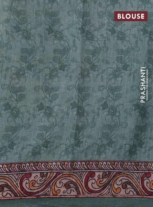 Linen cotton saree pastel green shade with allover kalamkari prints & pita work and lace work border