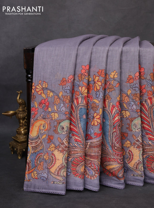 Linen cotton saree grey with plain body and long kalamkari printed & embroidery work border