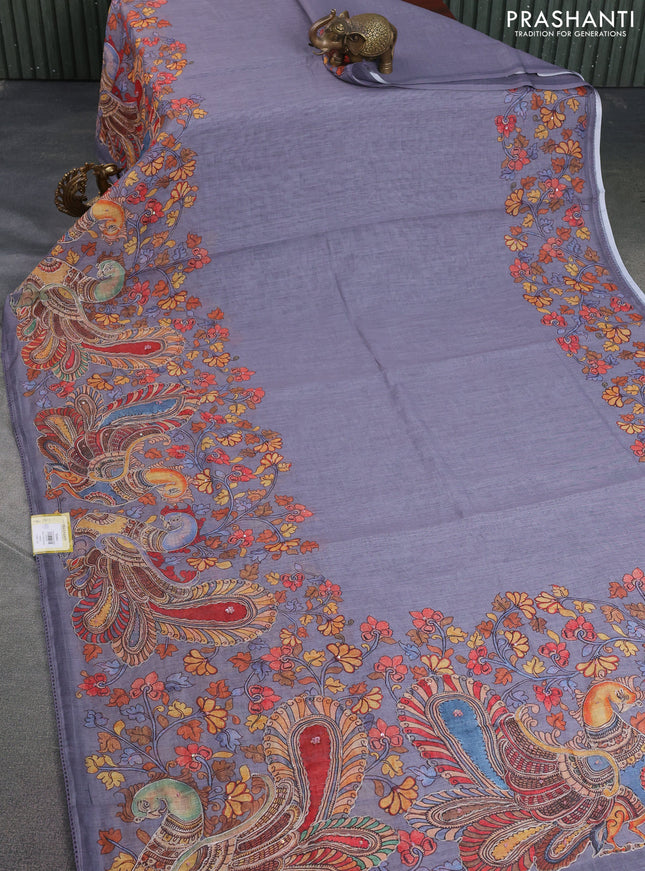 Linen cotton saree grey with plain body and long kalamkari printed & embroidery work border