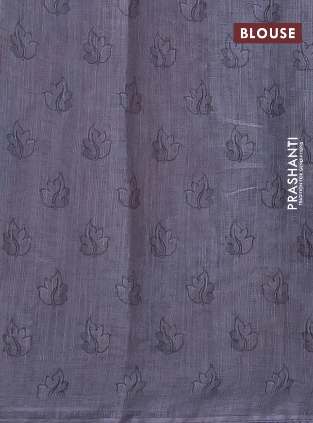 Linen cotton saree grey with plain body and long kalamkari printed & embroidery work border