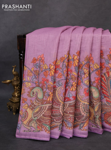 Linen cotton saree mauve pink with plain body and long kalamkari printed & embroidery work border