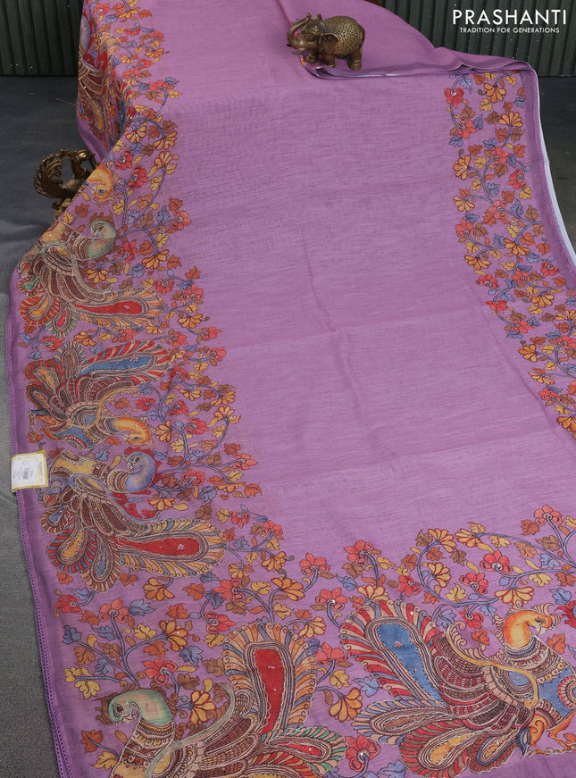Linen cotton saree mauve pink with plain body and long kalamkari printed & embroidery work border