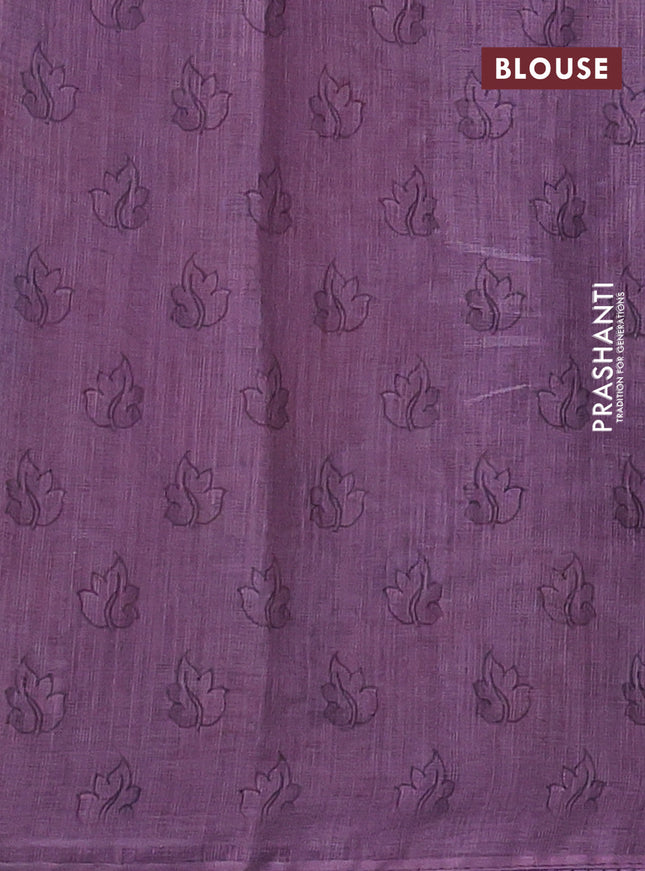 Linen cotton saree mauve pink with plain body and long kalamkari printed & embroidery work border