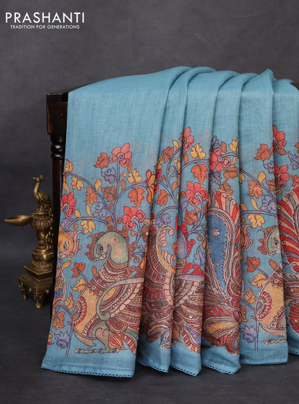 Linen cotton saree pastel blue with plain body and long kalamkari printed & embroidery work border