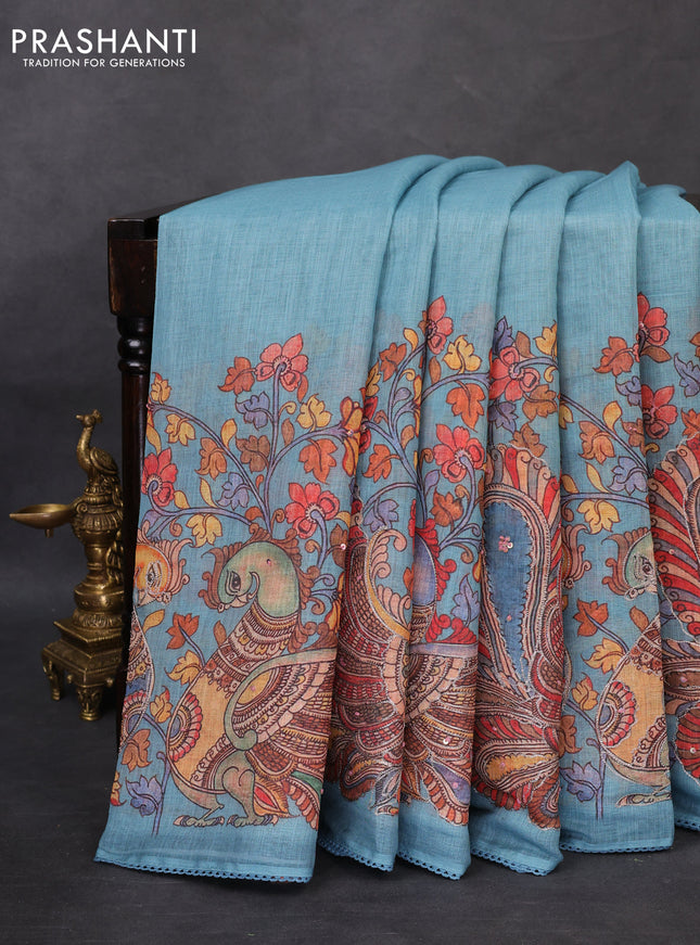 Linen cotton saree pastel blue with plain body and long kalamkari printed & embroidery work border