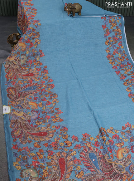 Linen cotton saree pastel blue with plain body and long kalamkari printed & embroidery work border