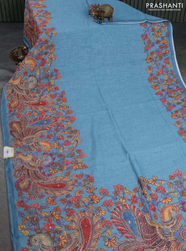 Linen cotton saree pastel blue with plain body and long kalamkari printed & embroidery work border