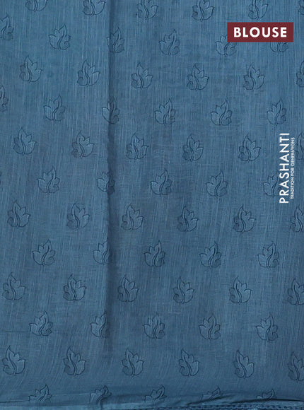 Linen cotton saree pastel blue with plain body and long kalamkari printed & embroidery work border