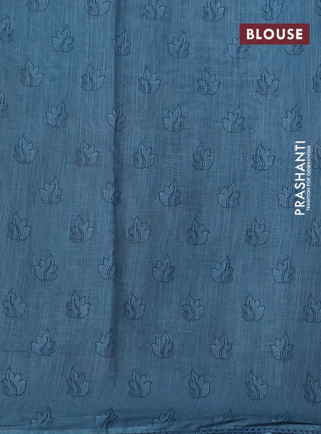 Linen cotton saree pastel blue with plain body and long kalamkari printed & embroidery work border