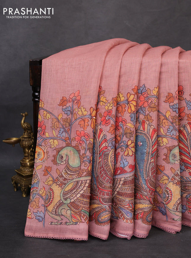 Linen cotton saree pastel peach with plain body and long kalamkari printed & embroidery work border