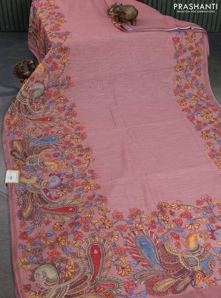 Linen cotton saree pastel peach with plain body and long kalamkari printed & embroidery work border