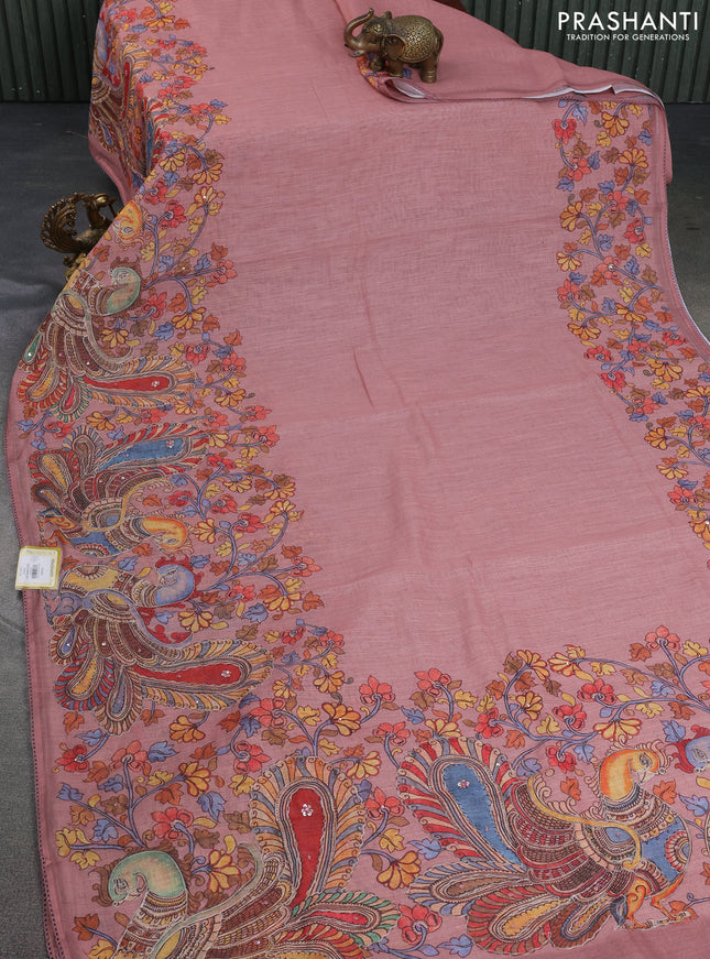 Linen cotton saree pastel peach with plain body and long kalamkari printed & embroidery work border