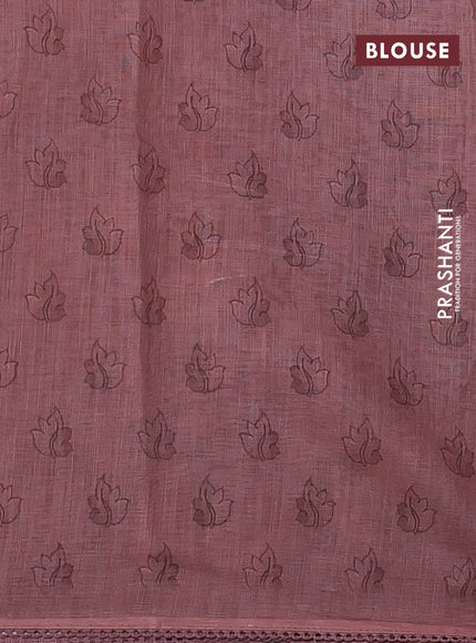 Linen cotton saree pastel peach with plain body and long kalamkari printed & embroidery work border