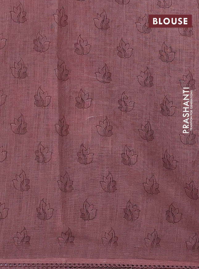 Linen cotton saree pastel peach with plain body and long kalamkari printed & embroidery work border