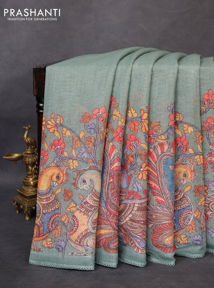 Linen cotton saree pastel green shade with plain body and long kalamkari printed & embroidery work border