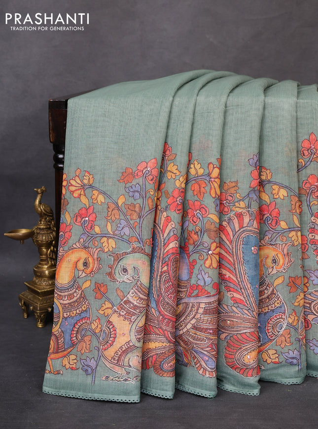 Linen cotton saree pastel green shade with plain body and long kalamkari printed & embroidery work border