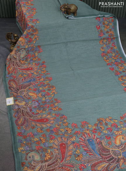 Linen cotton saree pastel green shade with plain body and long kalamkari printed & embroidery work border