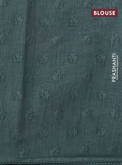 Linen cotton saree pastel green shade with plain body and long kalamkari printed & embroidery work border