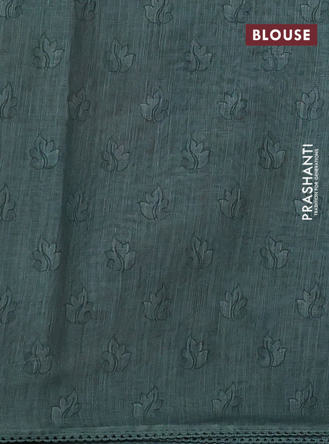 Linen cotton saree pastel green shade with plain body and long kalamkari printed & embroidery work border