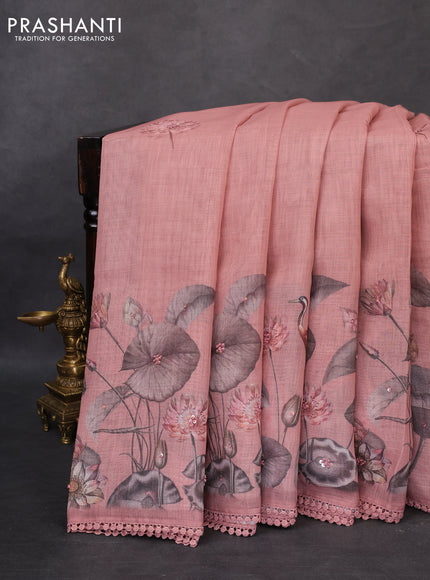 Linen cotton saree rust shade with floral prints & embroidery buttas and long printed embrodery border