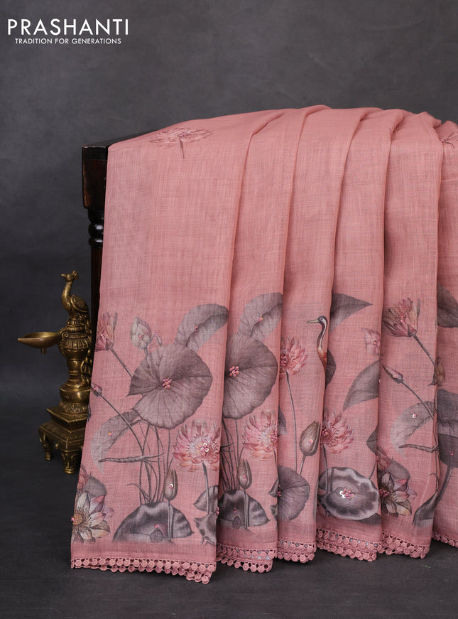 Linen cotton saree rust shade with floral prints & embroidery buttas and long printed embrodery border