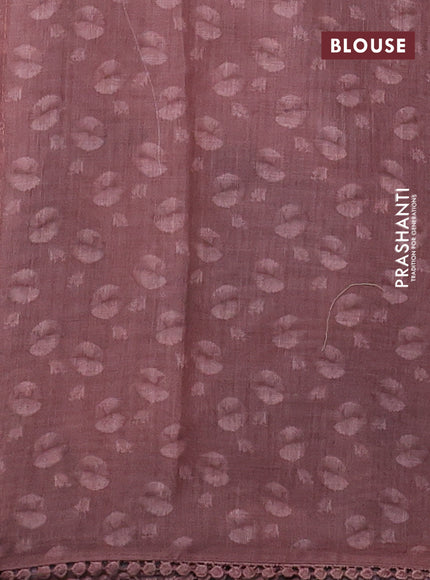 Linen cotton saree rust shade with floral prints & embroidery buttas and long printed embrodery border