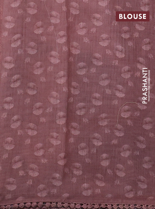 Linen cotton saree rust shade with floral prints & embroidery buttas and long printed embrodery border