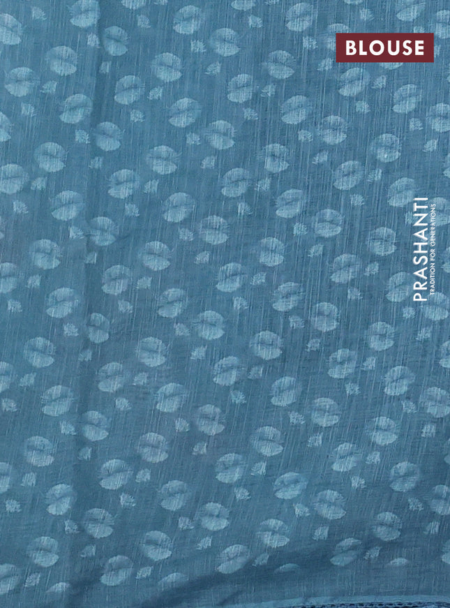 Linen cotton saree pastel blue with floral prints & embroidery buttas and long printed embrodery border