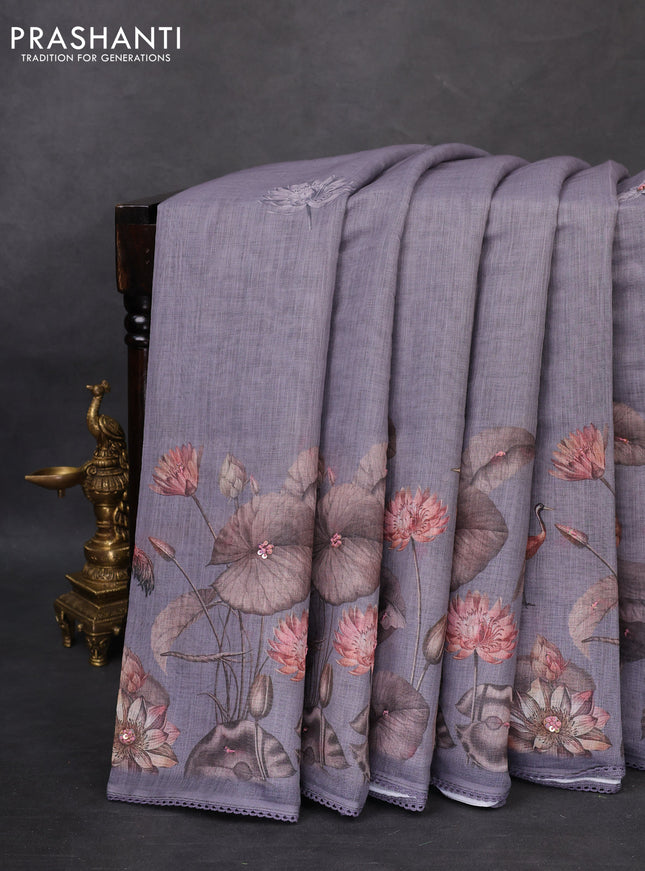 Linen cotton saree grey with floral prints & embroidery buttas and long printed embrodery border