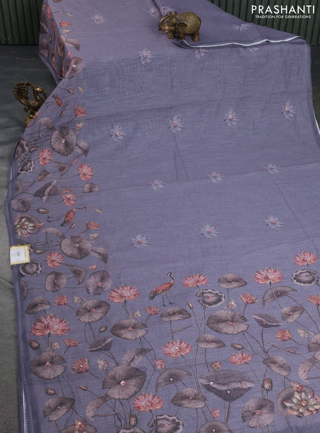 Linen cotton saree grey with floral prints & embroidery buttas and long printed embrodery border