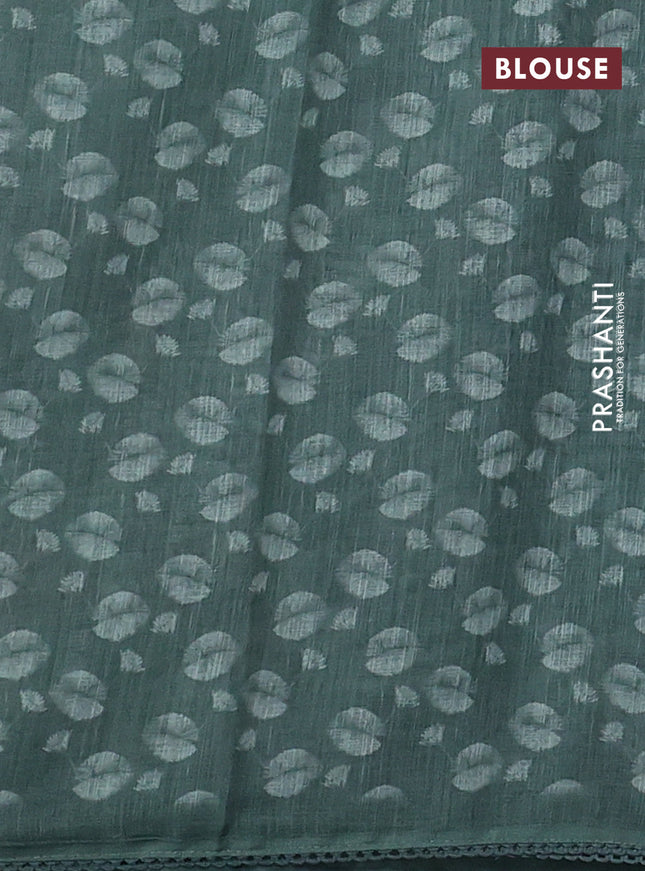 Linen cotton saree paatel green shade with floral prints & embroidery buttas and long printed embrodery border