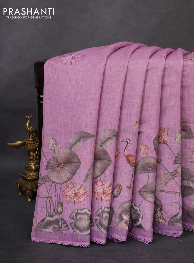 Linen cotton saree pastel purple with floral prints & embroidery buttas and long printed embrodery border