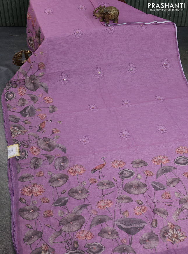 Linen cotton saree pastel purple with floral prints & embroidery buttas and long printed embrodery border