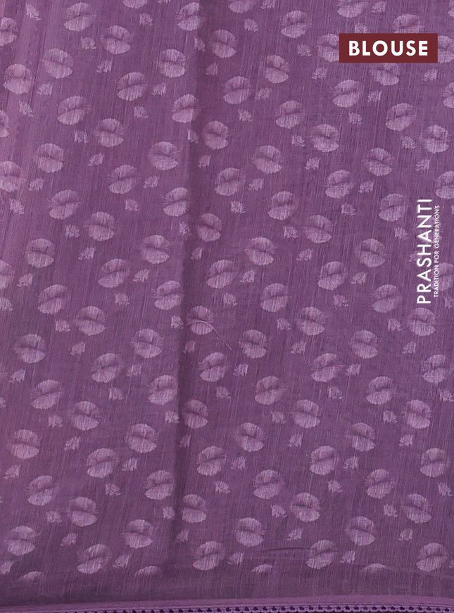 Linen cotton saree pastel purple with floral prints & embroidery buttas and long printed embrodery border