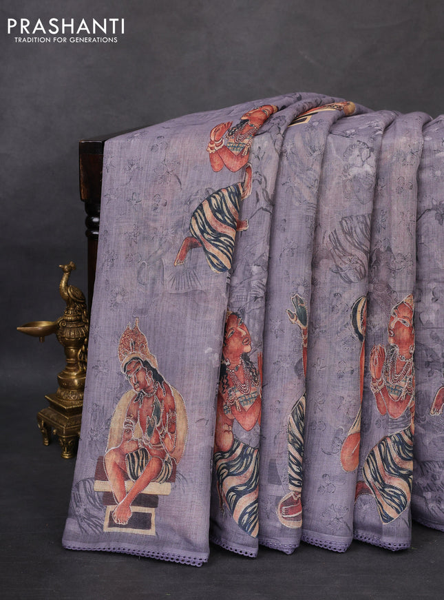 Linen cotton saree grey with allover prints & pita work and lace work border