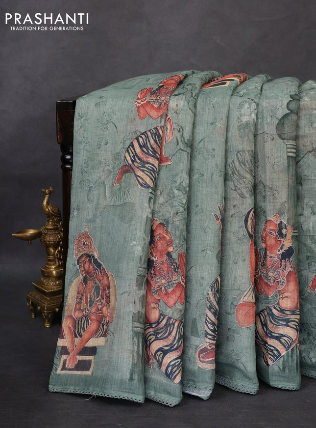 Linen cotton saree pastel green shade with allover prints & pita work and lace work border