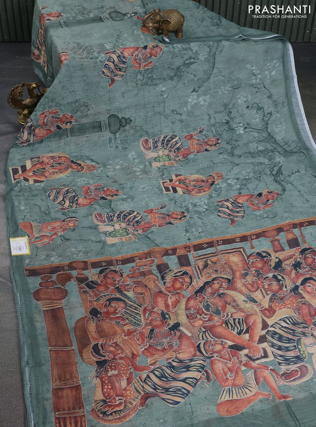 Linen cotton saree pastel green shade with allover prints & pita work and lace work border