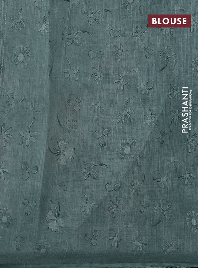 Linen cotton saree pastel green shade with allover prints & pita work and lace work border