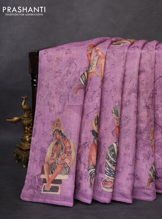 Linen cotton saree pastel purple with allover prints & pita work and lace work border