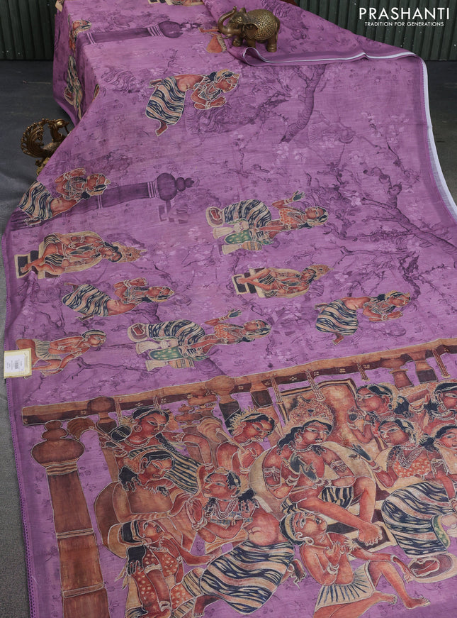 Linen cotton saree pastel purple with allover prints & pita work and lace work border