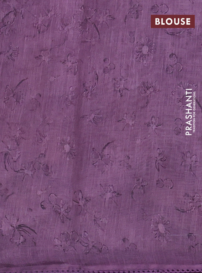 Linen cotton saree pastel purple with allover prints & pita work and lace work border