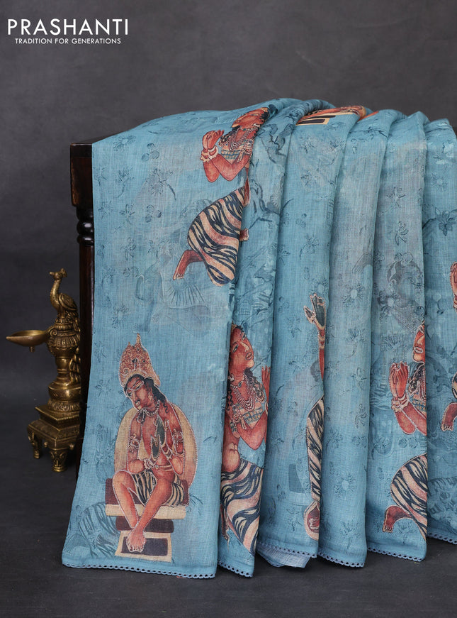 Linen cotton saree pastel blue with allover prints & pita work and lace work border