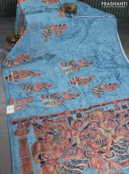 Linen cotton saree pastel blue with allover prints & pita work and lace work border