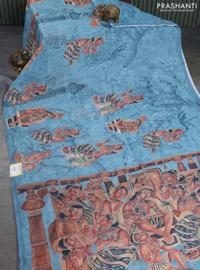 Linen cotton saree pastel blue with allover prints & pita work and lace work border